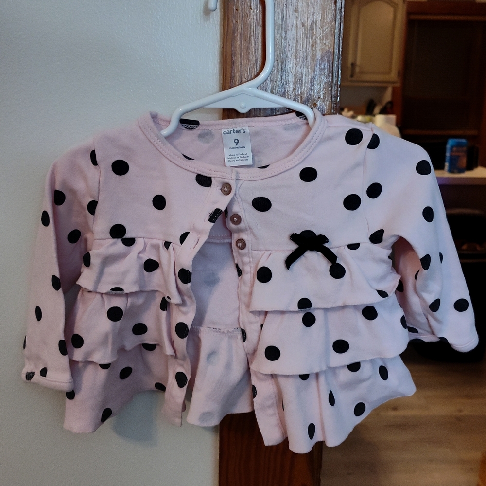 Carter's Light Pink Ruffle Cardigan with Black Polka Dots